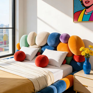 Lit plateforme design unique et créatif avec rembourrage doux en forme de bulles, lit double en tissu capitonné minimaliste de luxe pour hôtel, en vente - Product Image 6