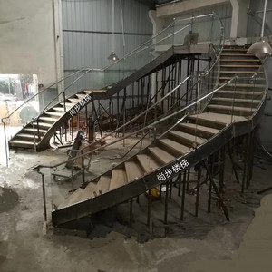 Cầu thang đôi cầu thang cong với lan can kính và gỗ sồi rắn treads cầu thang vòng cung bên trong - Product Image 6