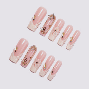 Uñas Postizas Modernas con Diseño Floral 3D y Líneas Doradas de Mariposa, 24 Piezas, Uñas Francesas con Punta en Forma de Bailarina, Uñas Postizas para Regalo, Arte de Uñas - Product Image 2