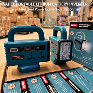 Inversor de Corriente de 21V con Batería de Iones de Litio, Convertidor de Energía de 220V CA con Puertos USB y Luz de Trabajo LED para Acampar en Sudamérica - Product Image 1