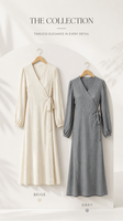 Robe longue décontractée pour femme, en mélange coton-lin, col en V, manches longues, avec ceinture à nouer, coupe trapèze, unie, style modeste musulman, idéale pour le bureau et le quotidien