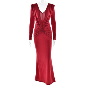 Vestido de Noche Elegante Estilo Europeo-Americano, Color Sólido, Cuello en V, Manga Larga, Fruncido, Espalda Descubierta, Levanta Cadera - Product Image 5