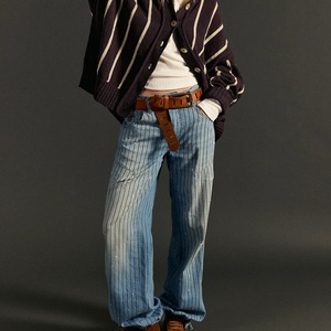 Pinstripe High Waist Straight Breathable <b>Embroidered</b> Casual Light Wash Cartoon Print <b>Jeans</b> - Product Image 1