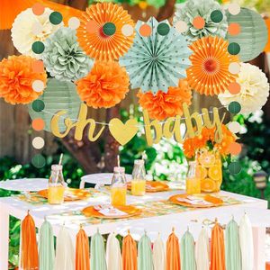 Decoraciones para Baby Shower en <span class=keywords><strong>Verde</strong></span> y Naranja, Pompones, Faroles y Guirnaldas en Beige, <span class=keywords><strong>Verde</strong></span> Salvia y Naranja para Fiestas de Cumpleaños de Niños y Niñas - Product Image 2
