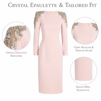 Gaun Midi Kristal Pink Muda Berhias Manik-Manik di Bahu Lengan Panjang Model Sheath untuk Pesta Malam Pengantin OEM ODM Langsung dari Pabrik