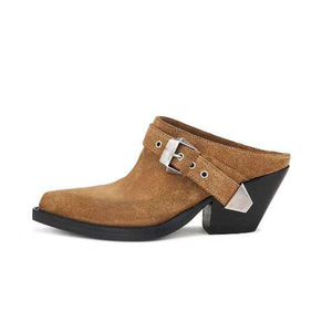 Sandalias de tacón alto de cuña gruesa con punta en pico para mujer, de gamuza, con hebillas metálicas, para oficina - Product Image 1
