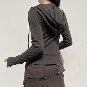 Sweat à capuche pour femme, couleur unie, taille à cordon de serrage, bordure côtelée, poche zippée, panneaux - Product Image 5