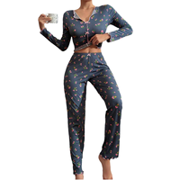 Set Piyama Wanita Mewah V-neck Lengan Panjang Pinggang Elastis Bahan Lembut Termal 2-Potong Desain Garis-garis Celana Tidur Musim Semi Gugur