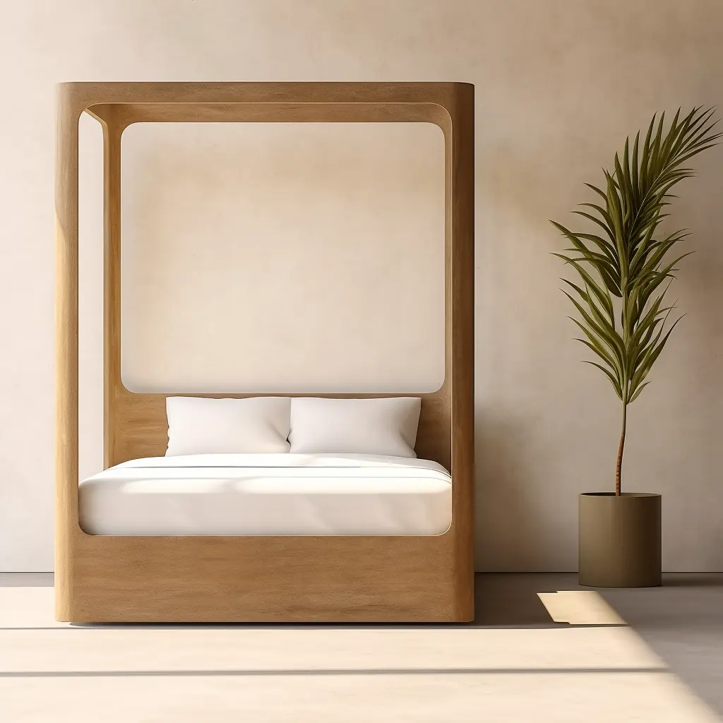 ヴィラ高級無垢オーク材ベッドルーム家具ダブルベッドキングクイーンサイズ木製キャノピーベッド