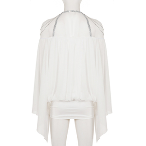 Robe de soirée mini moulante blanche en mousseline à col licou, sans manches, taille naturelle, avec strass et superposition transparente, idéale pour l'été et la plage - Product Image 6