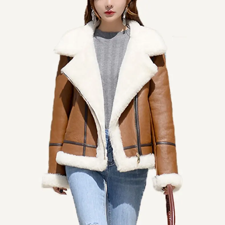 Winter Womens Moto Style Jacket Shearling Sheep Fur Lining Thick Warm Windbreaker Genuine Leather Double Side Sheepskin Coat