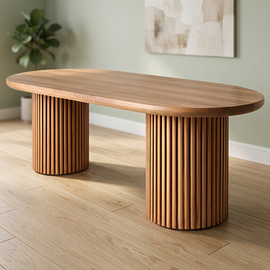 Modern Teak <b>Wood</b> Oval <b>Dining</b> <b>Table</b> with Double Fluted Pedestal Base - Product Image 3