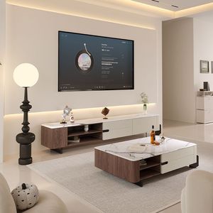 Set di <span class=keywords><strong>Tavolino</strong></span> da Caffè Rettangolare <span class=keywords><strong>Basso</strong></span> e Mobile <span class=keywords><strong>TV</strong></span> in Legno con Piano in Marmo di Lusso Moderno per Soggiorno e Camera da Letto con Cassetti, Design Unico - Product Image 1