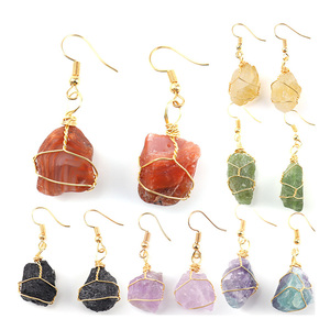 Pendientes de cristal de piedra en bruto envuelto en alambre hecho a mano Natural, joyería de cristal de cuarzo rosa, amatista, citrina, fluorita, pendientes para mujer - Product Image 1