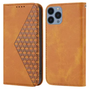 New Arrival For Iphone 13 pro Diamond embossing Pattern Skin Feel Calf Flip Leather Phone Case