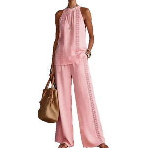 Conjunto de Dos Piezas para <span class=keywords><strong>Mujer</strong></span>, Estilo Retro Europeo y Americano, Top sin Mangas con Encaje Calado y Pantalones Anchos Cómodos - Product Image 6