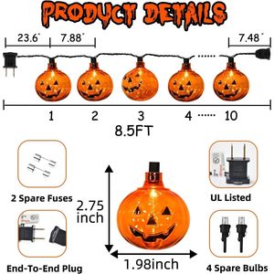 Guirnalda de Luces de Calabaza de Halloween de 8.5 Pies, 10 Linternas LED de Calabaza Transparentes, Clasificación IP65, CRI 90, Decoración Interior y Exterior - Product Image 3