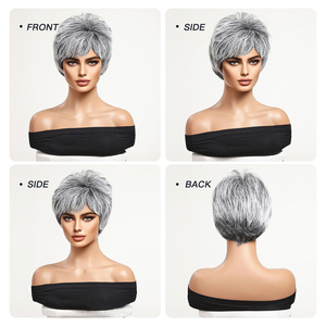 Grigio nero nonna capelli corti Pixie Bob sintetica parrucca a strati frangia resistente alle alte Temperature in fibra reale foto - Product Image 4