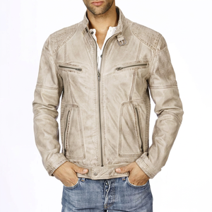 Chaqueta Blusón de Piel de Oveja Lavada Marrón para Hombre KLJM1, Cuello Alto, Cuatro Bolsillos Delanteros de Lona, Chaqueta Moderna y a la Moda - Product Image 1
