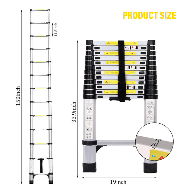 150-Inch Extendable Aluminum Telescopic Ladder With Triangular Stabilizer for Household & Outdoor Work