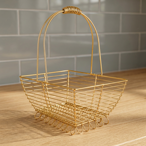 Gold Plated Metal Wire Basket Rectangle Shape Modern Design Decorative Handle Single Piece Package - Product Image 1
