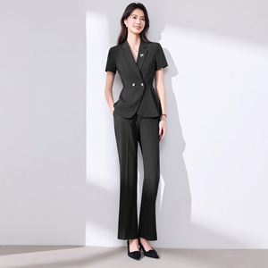 Women's Short Sleeve <b>Blazer</b> Suit <b>Set</b> Breathable Worsted Wide Leg Pants Office Lady Work Uniform - Product Image 1