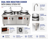 Cuisinière à induction professionnelle en acier inoxydable pour double wok 400 mm, avec une seule cuve, 2*12KW, économie d'énergie, arrêt automatique de sécurité, facile à utiliser