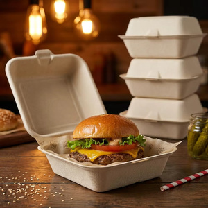 Wholesale Compostable Sugarcane Pulp Hamburger Box <b>Biodegradable</b> Clamshell Takeaway Food Container Heavy Duty Microwaveable - Product Image 1