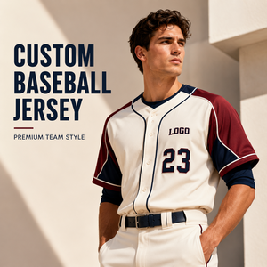 Maillot de baseball personnalisé pour homme, 100 % polyester, maille vintage, crème, chemise boutonnée, manches bordeaux, numéro d'équipe, passepoil, uniforme - Product Image 1
