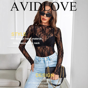 Hot <span class=keywords><strong>Sale</strong></span> Sheer Mesh Top Frauen Spitze getrimmt Slim <span class=keywords><strong>Fit</strong></span> Sexy Chic Layer ing Tee Basic Langarm T-Shirt - Product Image 2