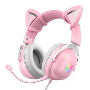 Grosir headphone kabel pc kucing-Onikuma X11 Headphone Berkabel Pc Rgb, Headset Gaming Ps4 Anc Penghilang Kebisingan Telinga Kucing Merah Muda Esports