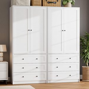 Armoire moderne blanche à 2 portes à persiennes, 3 tiroirs, autoportante, en bois, pour chambre à coucher, rangement de vêtements RTA - Product Image 1