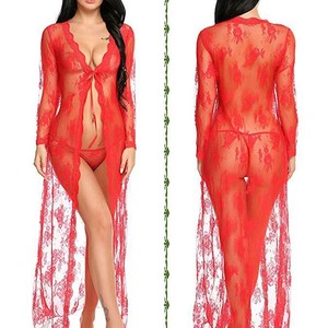 Venta al por mayor de lencería sexy para mujer, camisón de encaje transparente de manga larga de malla, suministro de fábrica - Product Image 4