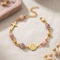 Bracelet en acier inoxydable avec médaille de Saint Benoît et croix, perles de pierres précieuses naturelles, chapelet de protection, bijoux religieux, cadeau chrétien
