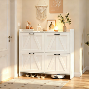White Modern Fence Shoe Cabinet 4 Flip <b>Drawers</b> Space Saving Entryway Organizer for Living Room - Product Image 1