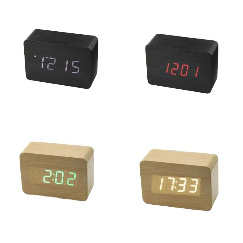 Envío gratis Mini cubo Reloj de madera LED Reloj de mesa digital Control de voz Reloj de escritorio electrónico