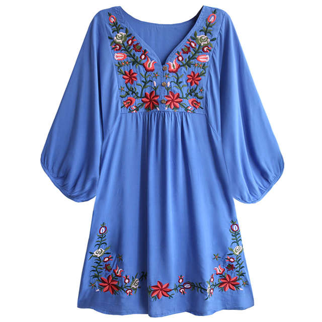 Túnica informal azul para mujer, vestido mexicano bordado con mangas cortas, ropa informal