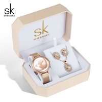 Montre à Quartz Créative SHENGKE, Ensemble de Bijoux de Luxe de Haute Qualité, Coffret Cadeau, Montre-Bracelet, Boucles d'Oreilles, Collier pour Femme
