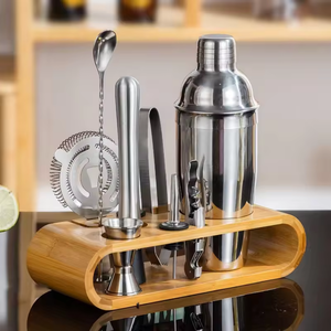 Ensemble d'outils de bar en acier inoxydable plaqué or professionnel 9 pièces Kit de barman support en bois cuisine Shakers à cocktails - Product Image 2