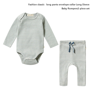 100% algodón manga larga ropa de bebé pijama traje ropa de niño pantalones largos cuello envolvente mamelucos de bebé mono conjunto de 2 piezas - Product Image 2
