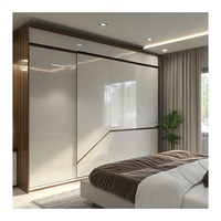 Armoire Coulissante Moderne Style Hôtel Blanc Laqué en Mélaminé 4 Portes Vitrées avec Coiffeuse pour Chambre