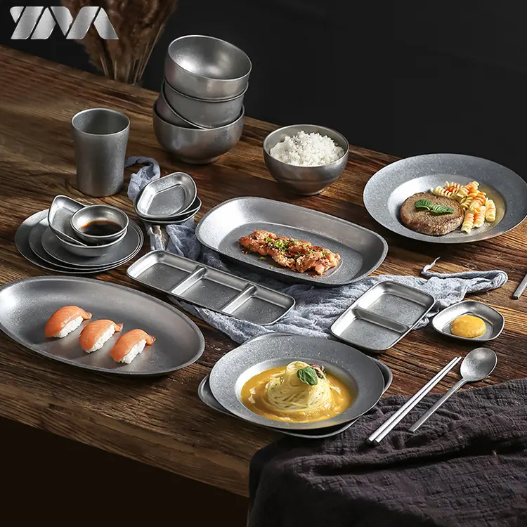 Multi Gebruik Koreaanse Stijl Servies Sets 304 Roestvrij Staal Diner Plaat Voedsel Lade Metalen Kommen Bestek Set