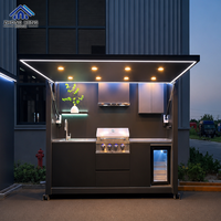 Module de cuisine extérieure moderne avec auvent relevable, éclairage LED, barbecue intégré, évier et réfrigérateur à boissons pour jardin, patio et fêtes barbecue