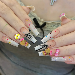 <span class=keywords><strong>Uñas</strong></span> Postizas Blancas Nude Hechas a Mano con Temática <span class=keywords><strong>de</strong></span> Verano, con Adornos 3D <span class=keywords><strong>de</strong></span> Gatito, Palmera y Donut para Vacaciones en la Playa - Product Image 1