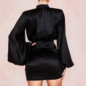 Women Long Sleeve Casual Satin Solid Color Mini Dresses Women Black Elegant Sexy Short Evening Dress For Women Party 2022