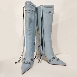 Stivali Alti al Ginocchio in Denim da Donna con Decorazioni Metalliche, Tacchi Sottili, <span class=keywords><strong>Stivaletti</strong></span> Lunghi, Scarpe con Tacco Alto Blu a Stiletto - Product Image 2