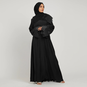 Ropa Musulmana <span class=keywords><strong>Naida</strong></span> Krip al por Mayor, Conjunto de Ropa Musulmana con Hiyab y Abaya con Mangas de Encaje Plisado para Mujer, Dubái - Product Image 3