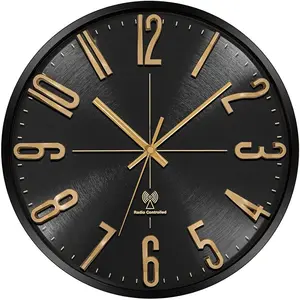 12 Inch Modern Simple Metal Luxury 3D Number Radio Control Wall Clock Silent Round Black Custom Atomic Aluminum Clock