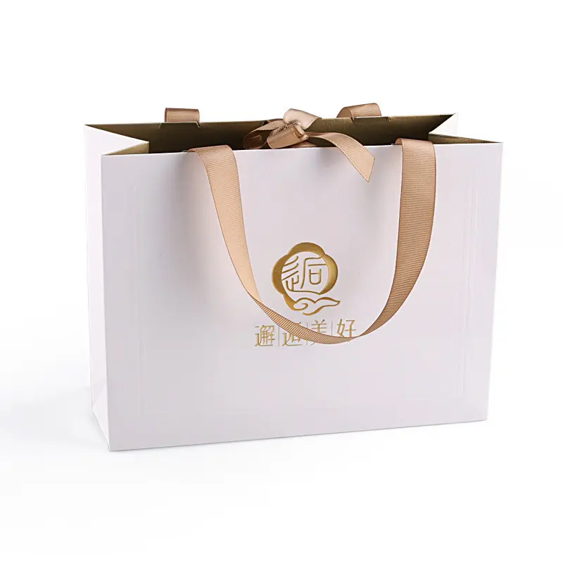 Sac de shopping en papier stratifié avec logo personnalisé, blanc et or, 50 unités, sacs de shopping personnalisés avec poignée robbin, sac en papier rigide