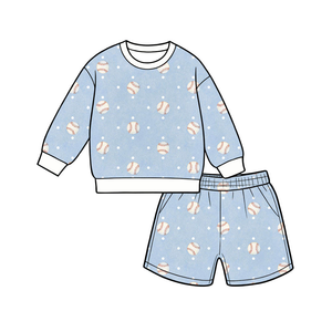 Conjunto de dos piezas con estampado de béisbol para niños, top de manga larga y pantalones cortos a la moda para niños pequeños - Product Image 2
